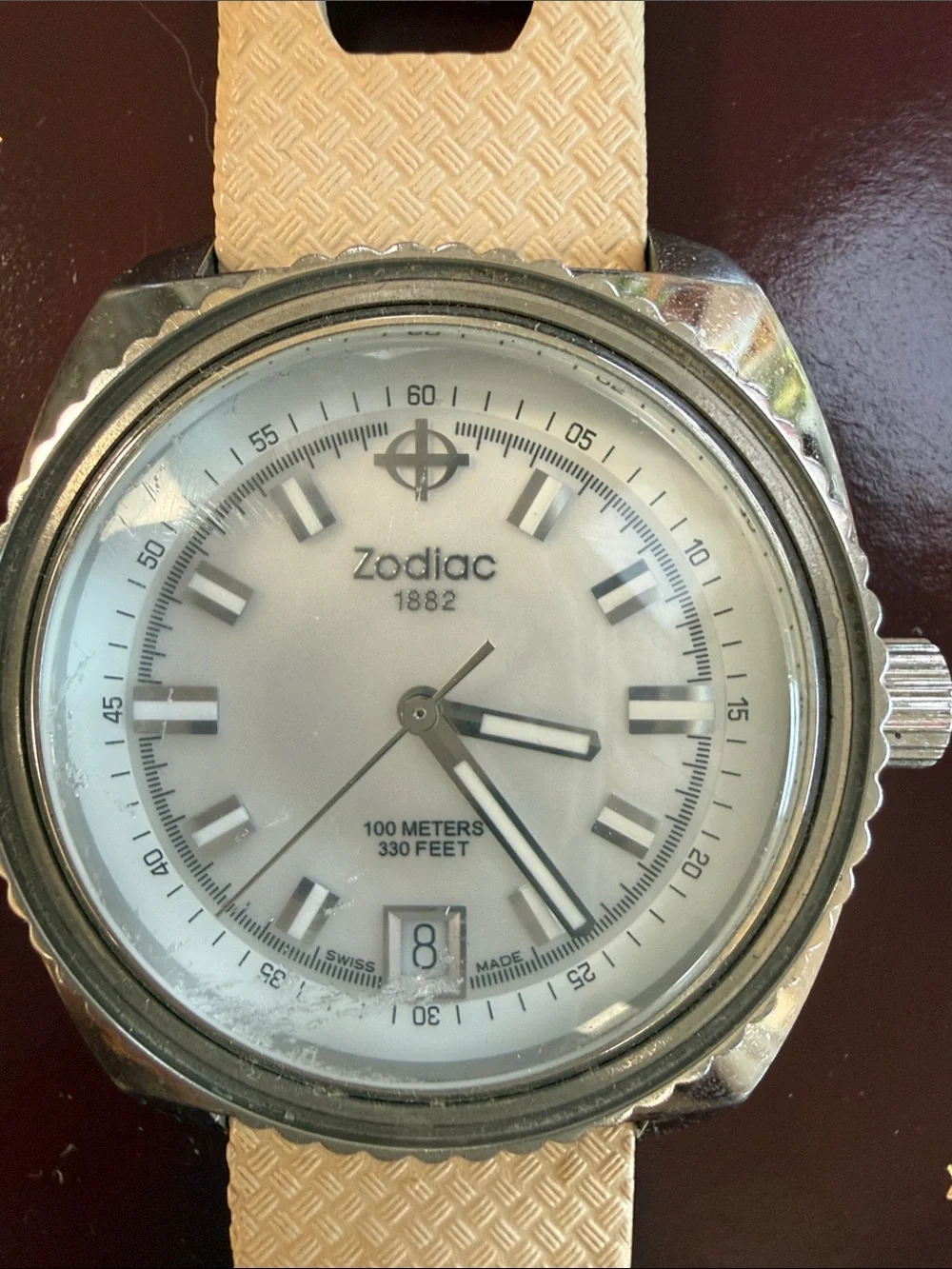 Zodiac White Dial Sport Watch with Beige Strap